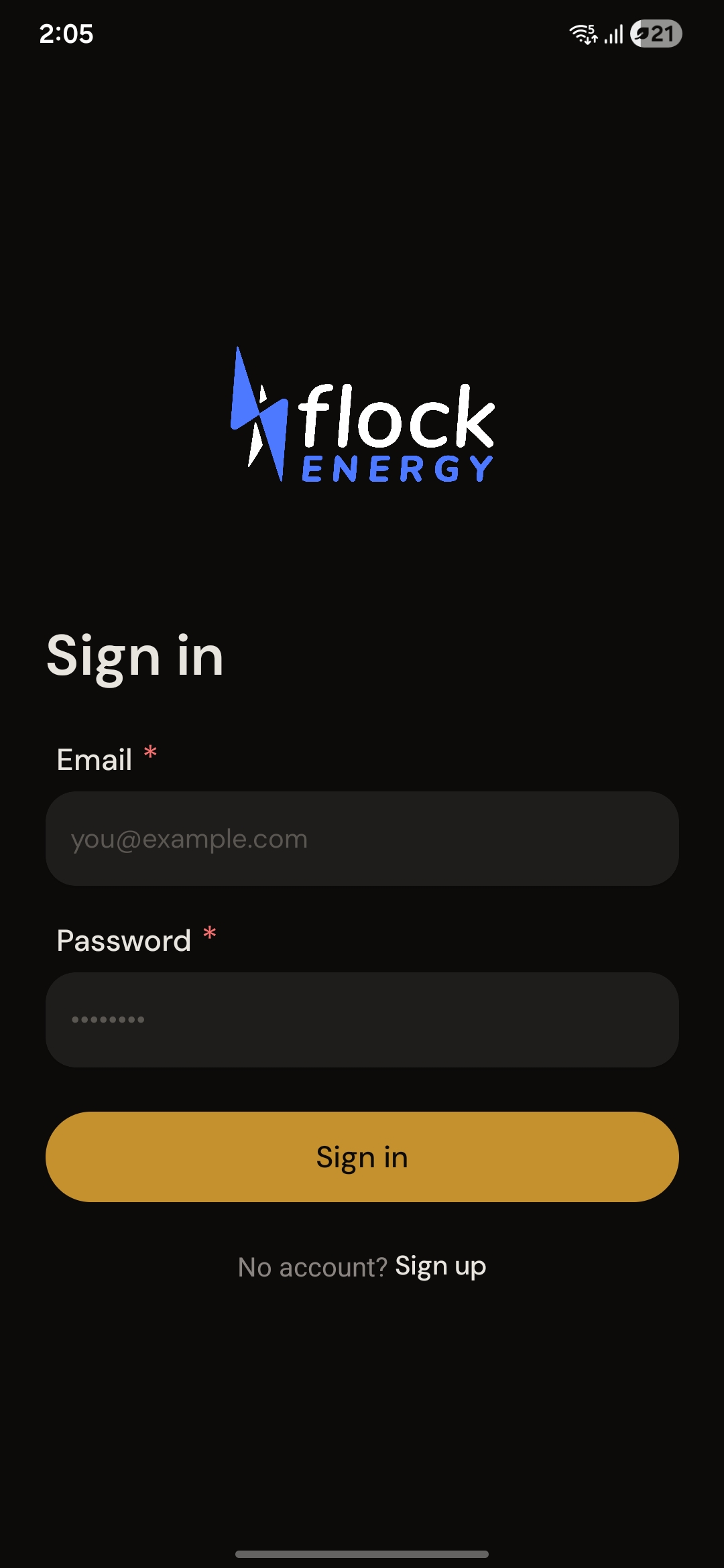 Sign in screen with email and password fields.