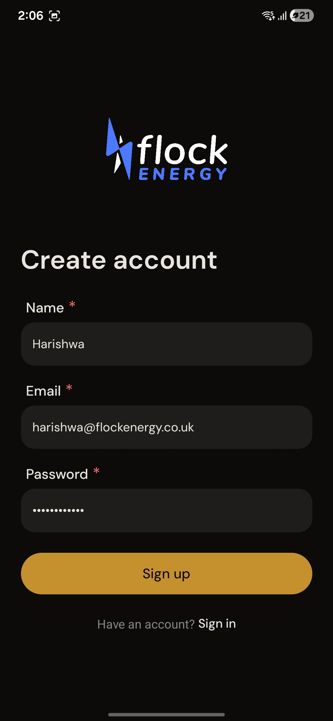 Create account screen with name, email, and password filled in.