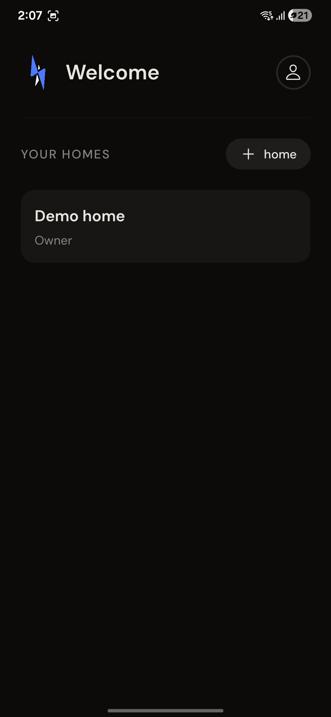 Your Homes list showing the created home with an Owner label.