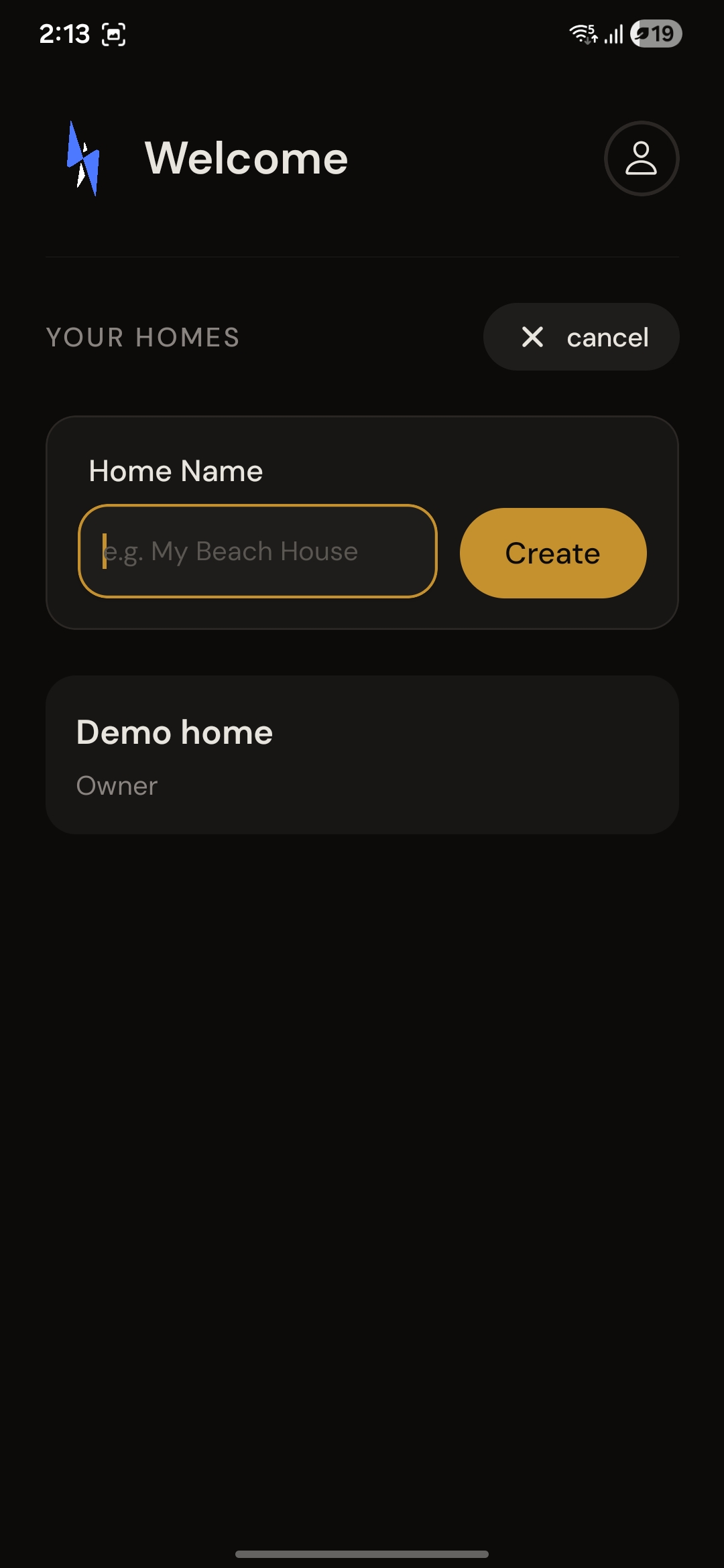 Create home form with a Home Name field and Create button.