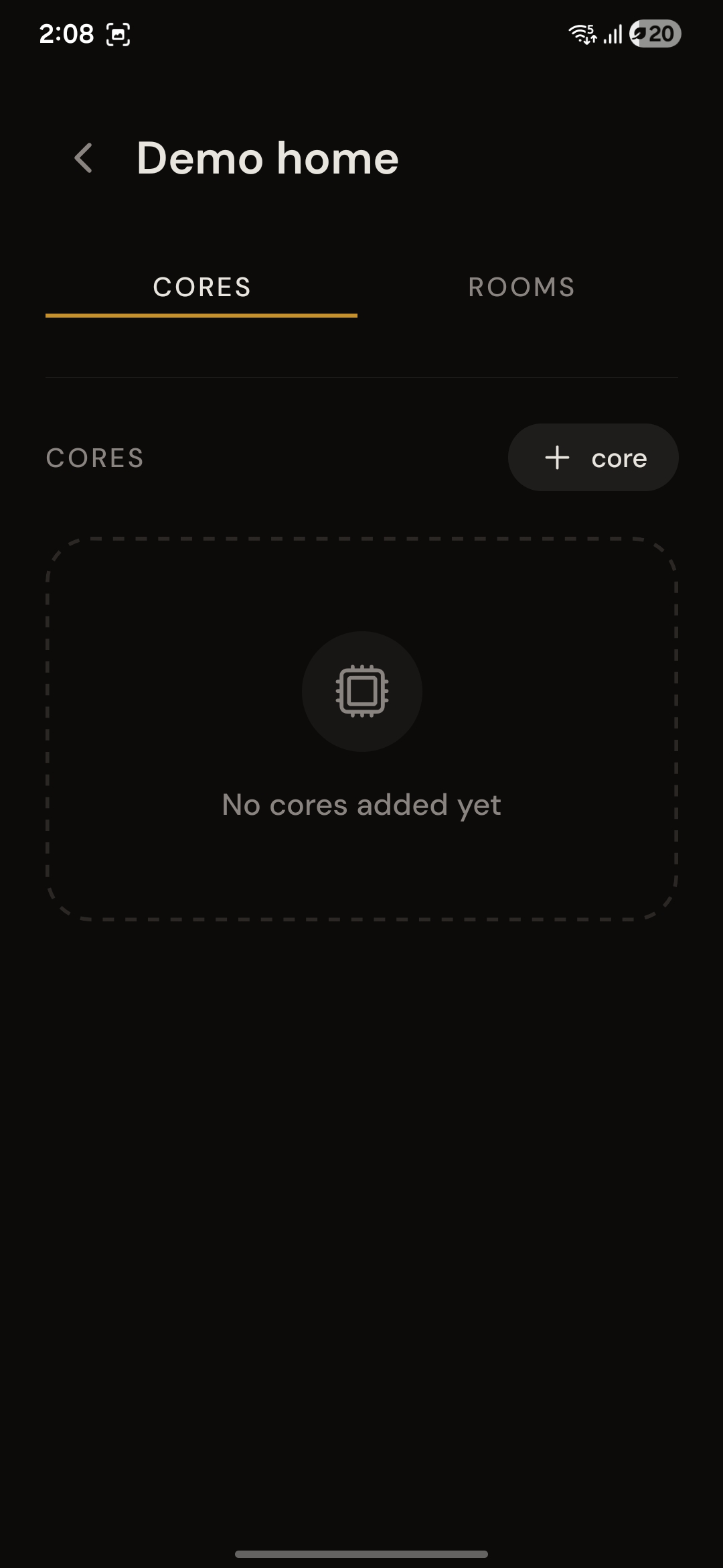 Cores tab with no cores added yet and a + core button.