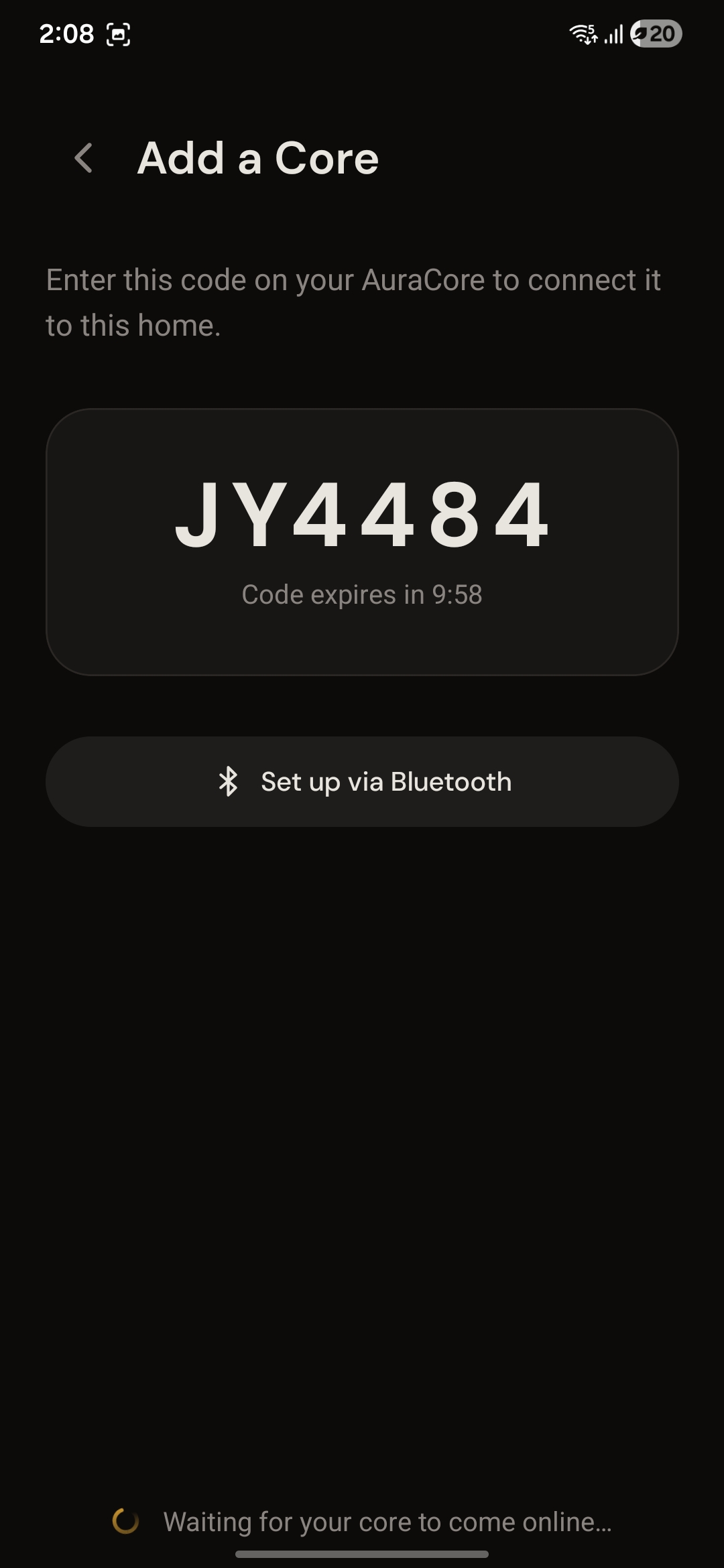 Add a Core screen showing a pairing code and a Set up via Bluetooth button.