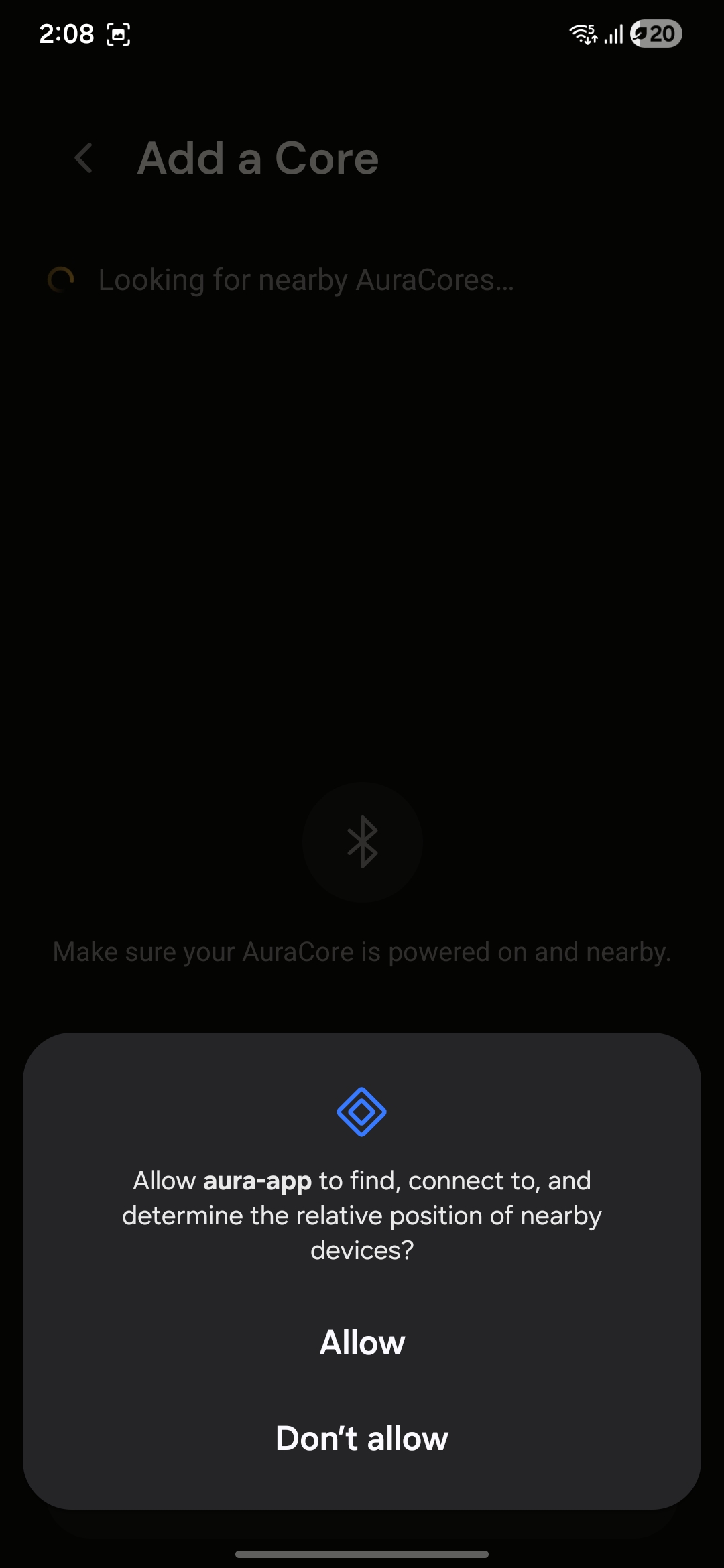 Android permission dialog asking to allow aura-app to find nearby devices.