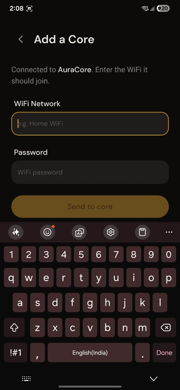 Wi-Fi entry screen with empty network and password fields.