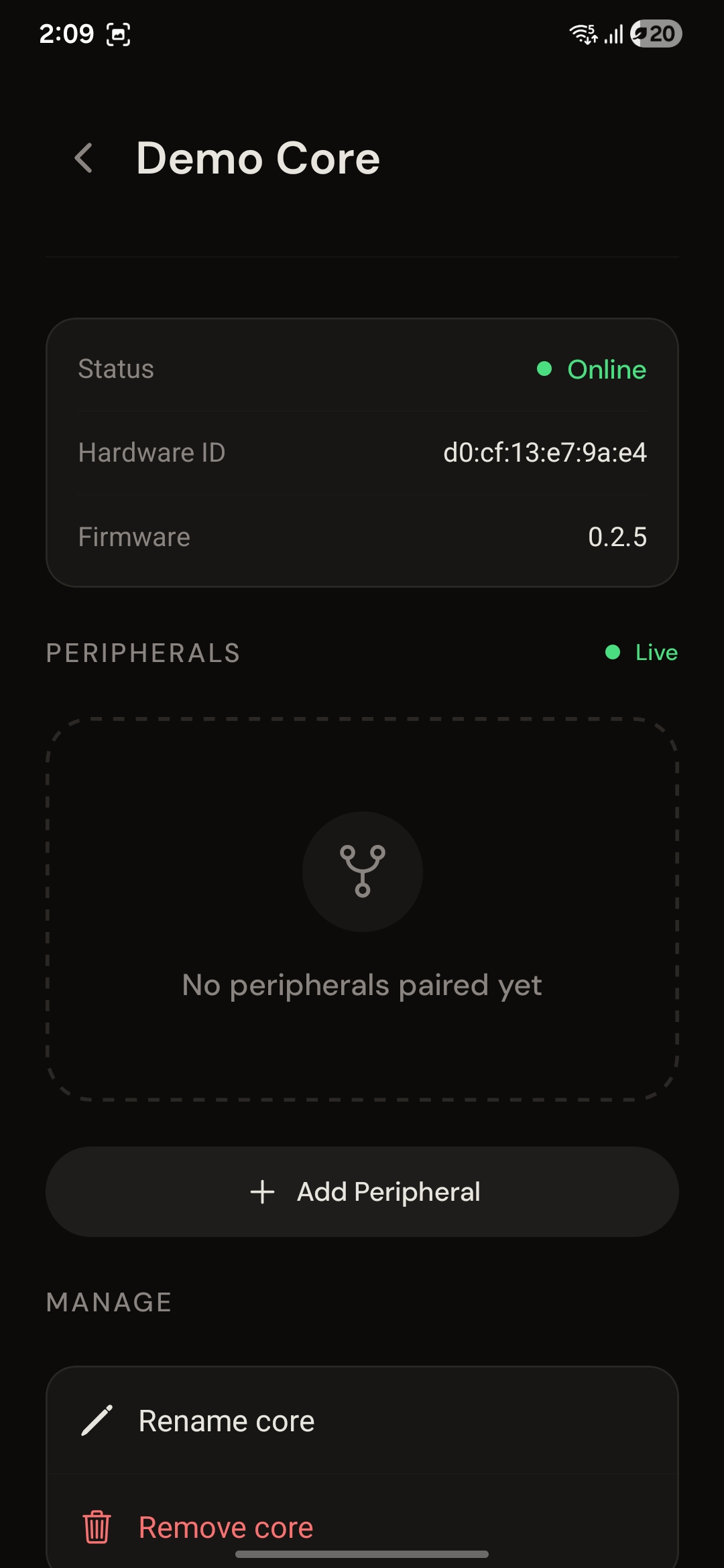Core detail screen, online, with no peripherals paired and an Add Peripheral button.