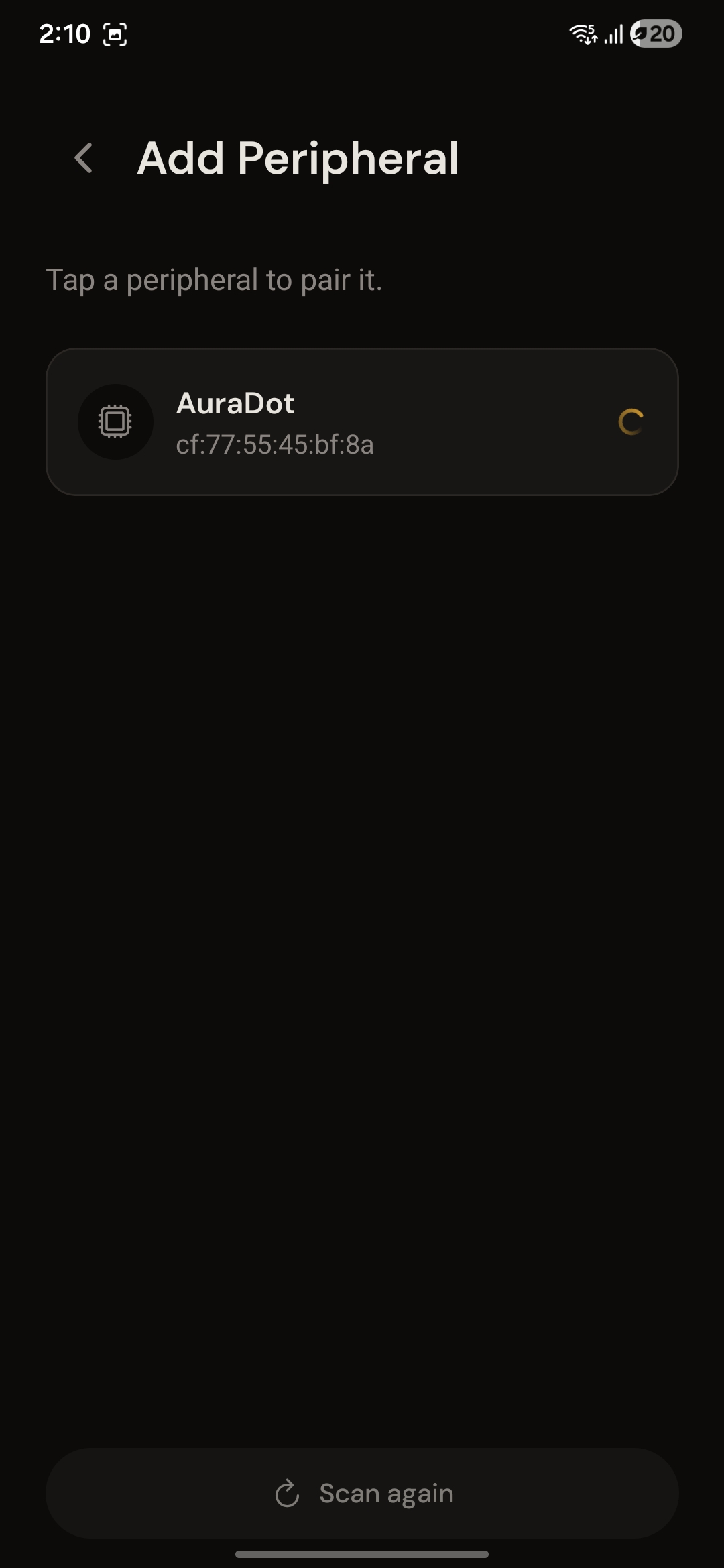 Add Peripheral screen showing a discovered AuraDot to tap.
