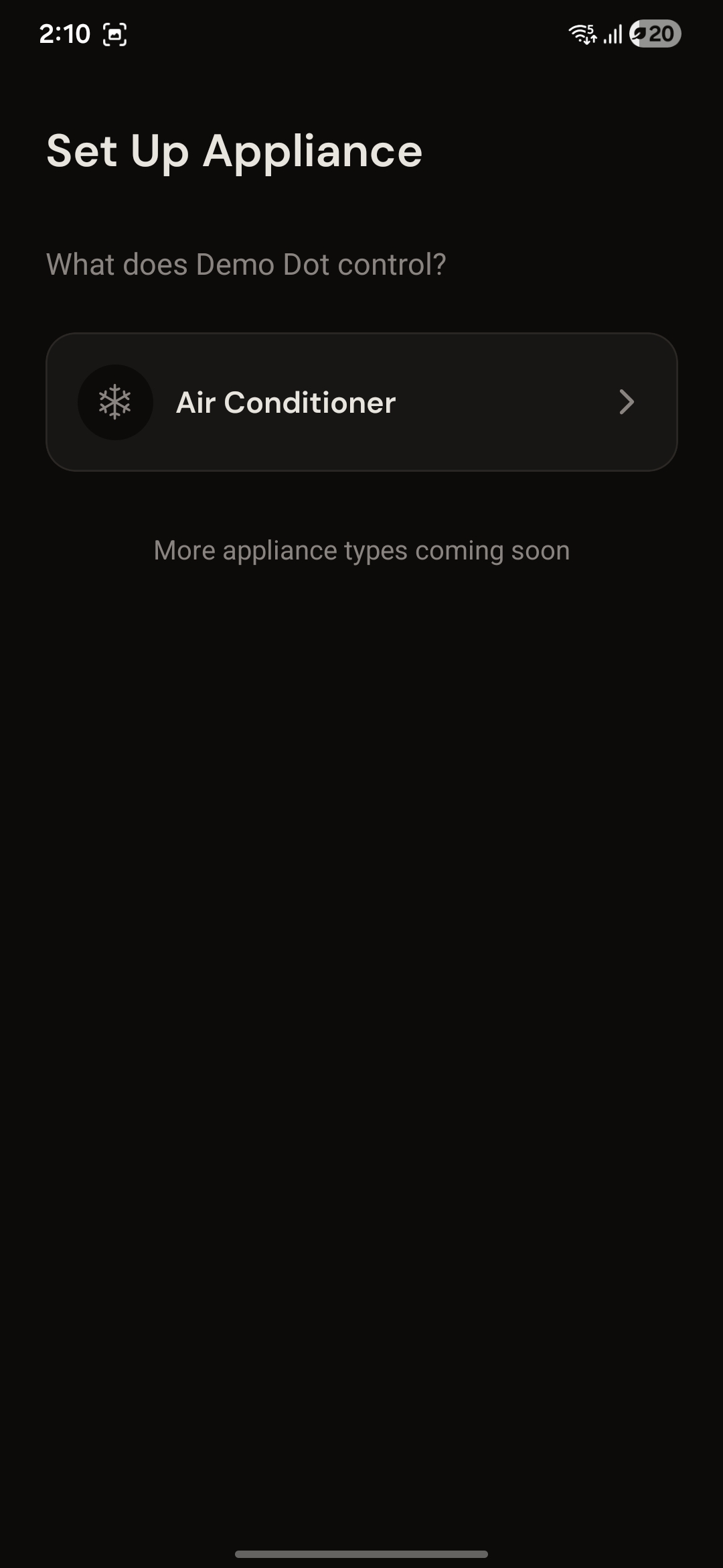 Set Up Appliance screen with Air Conditioner as the appliance option.