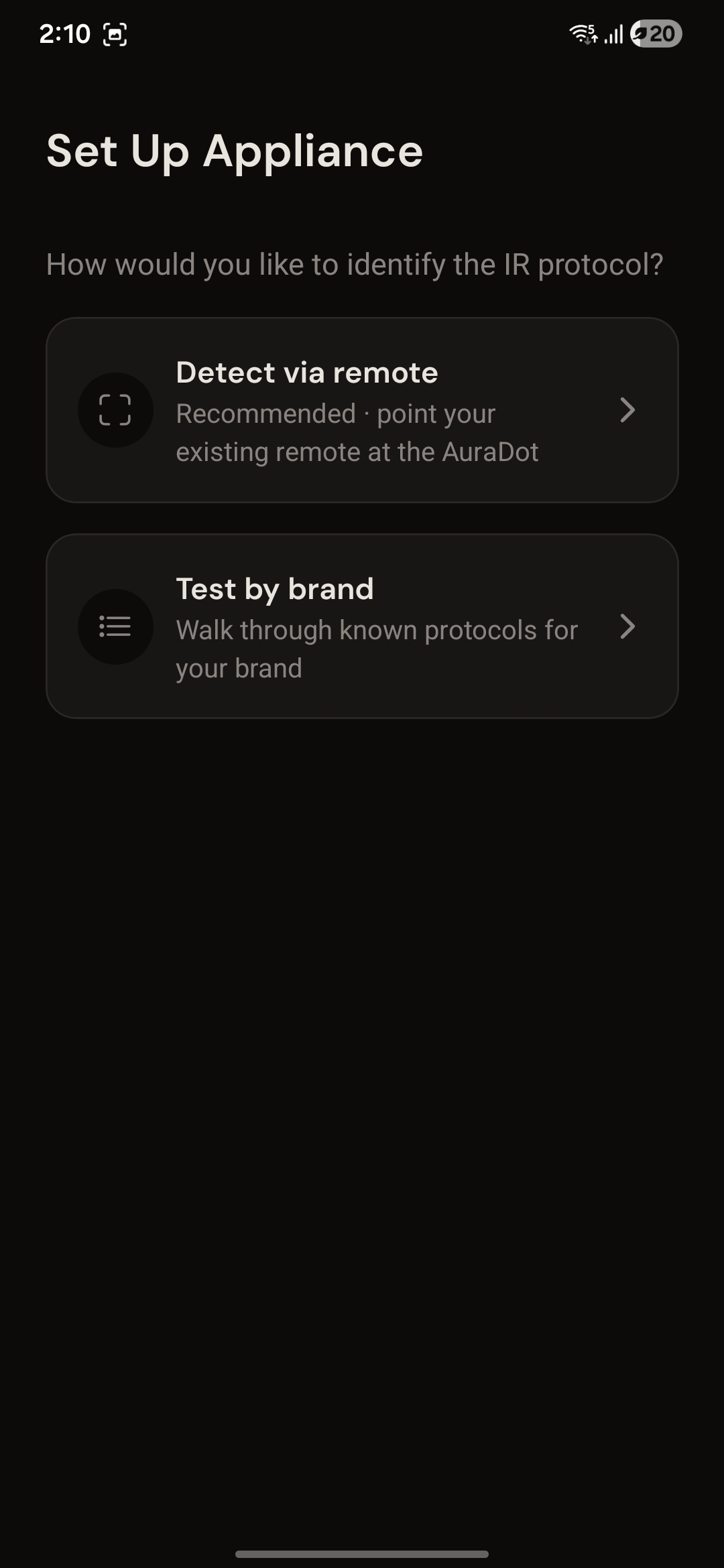 Set Up Appliance screen asking how to identify the IR protocol, with Detect via remote and Test by brand options.