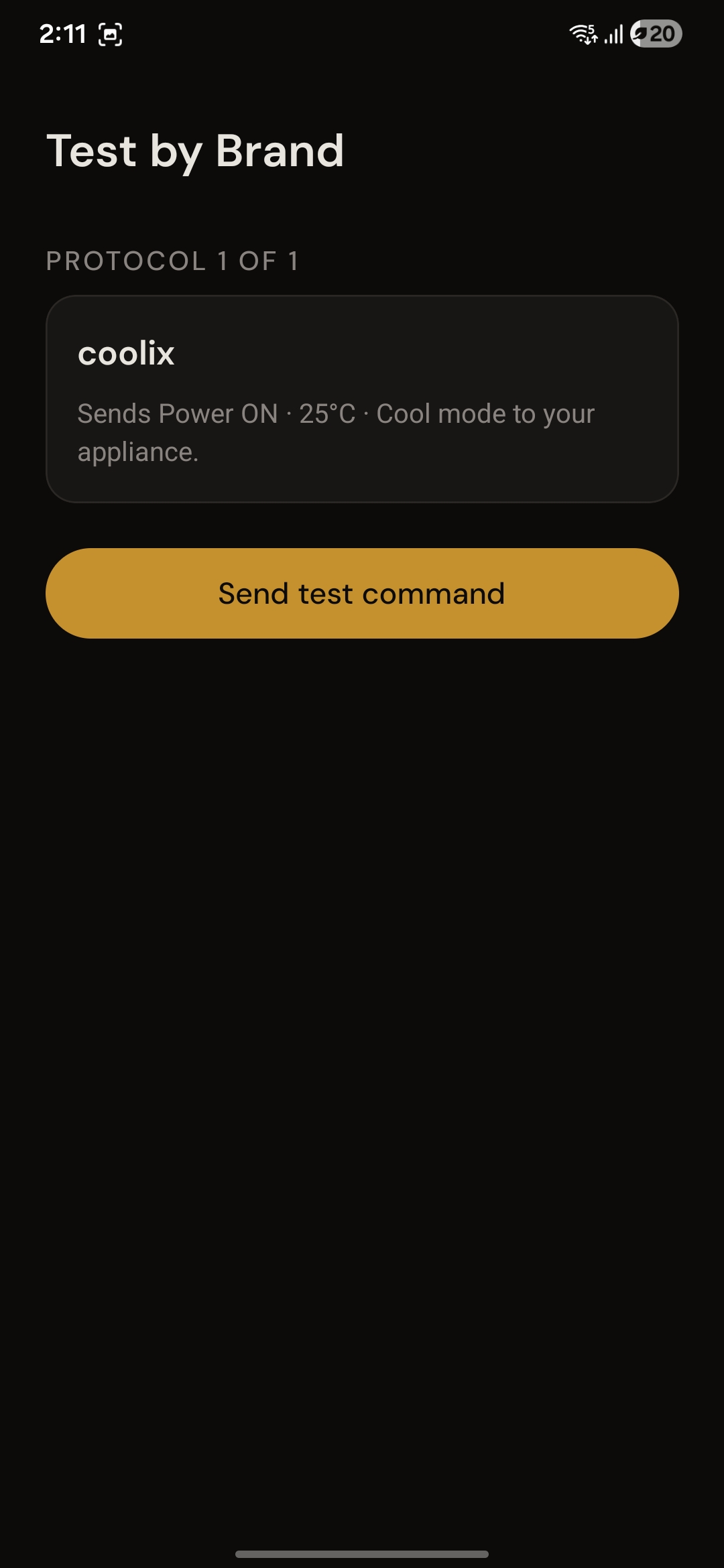 Test by Brand screen with a Send test command button for the coolix protocol.