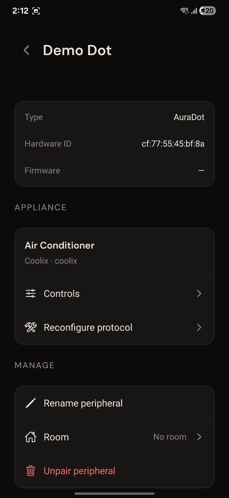 Configured peripheral detail showing Air Conditioner, Coolix protocol, Controls and Reconfigure options.