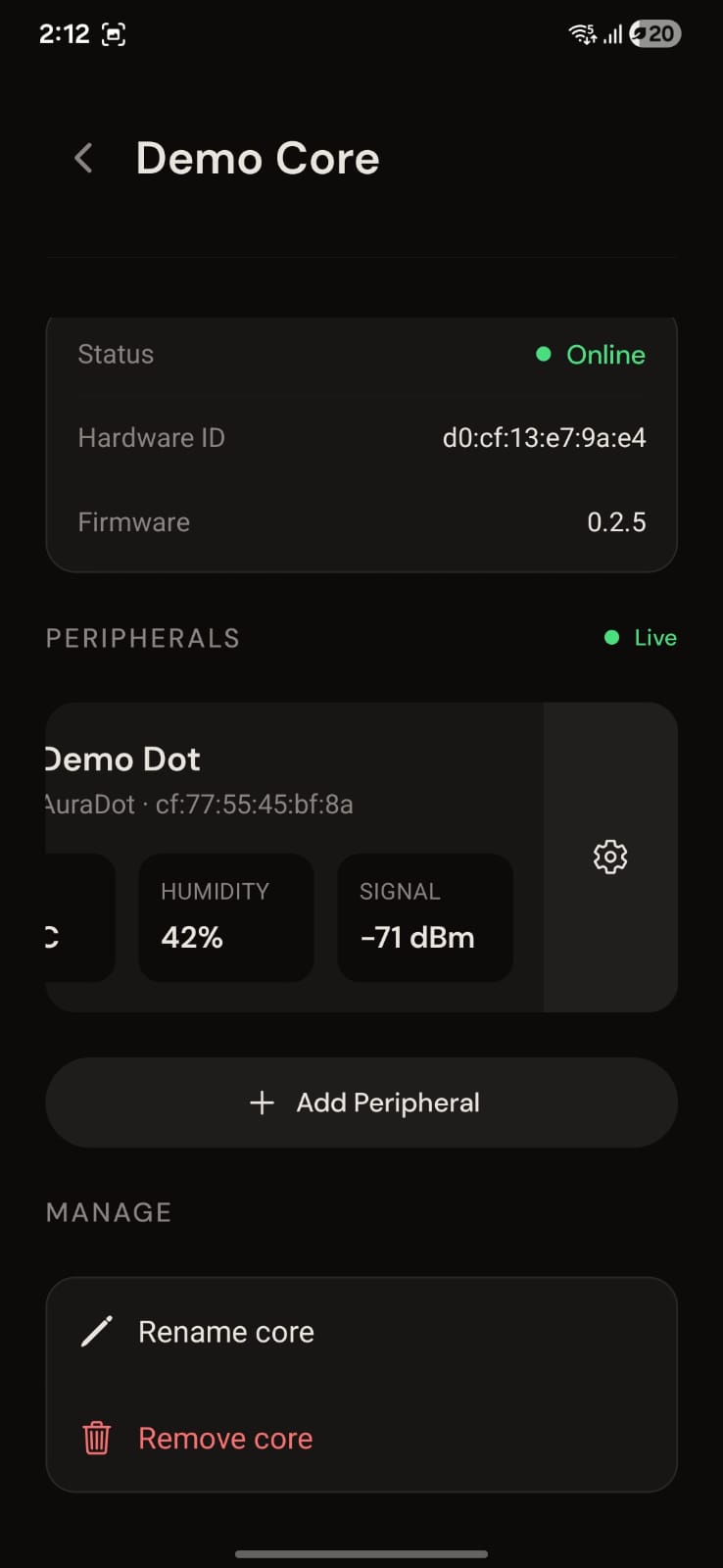 Core detail with the Dot live, showing humidity and signal readings.