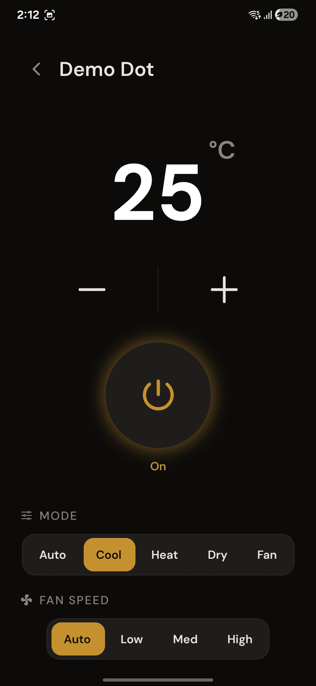 In-app AC remote showing temperature, power, mode and fan speed controls.