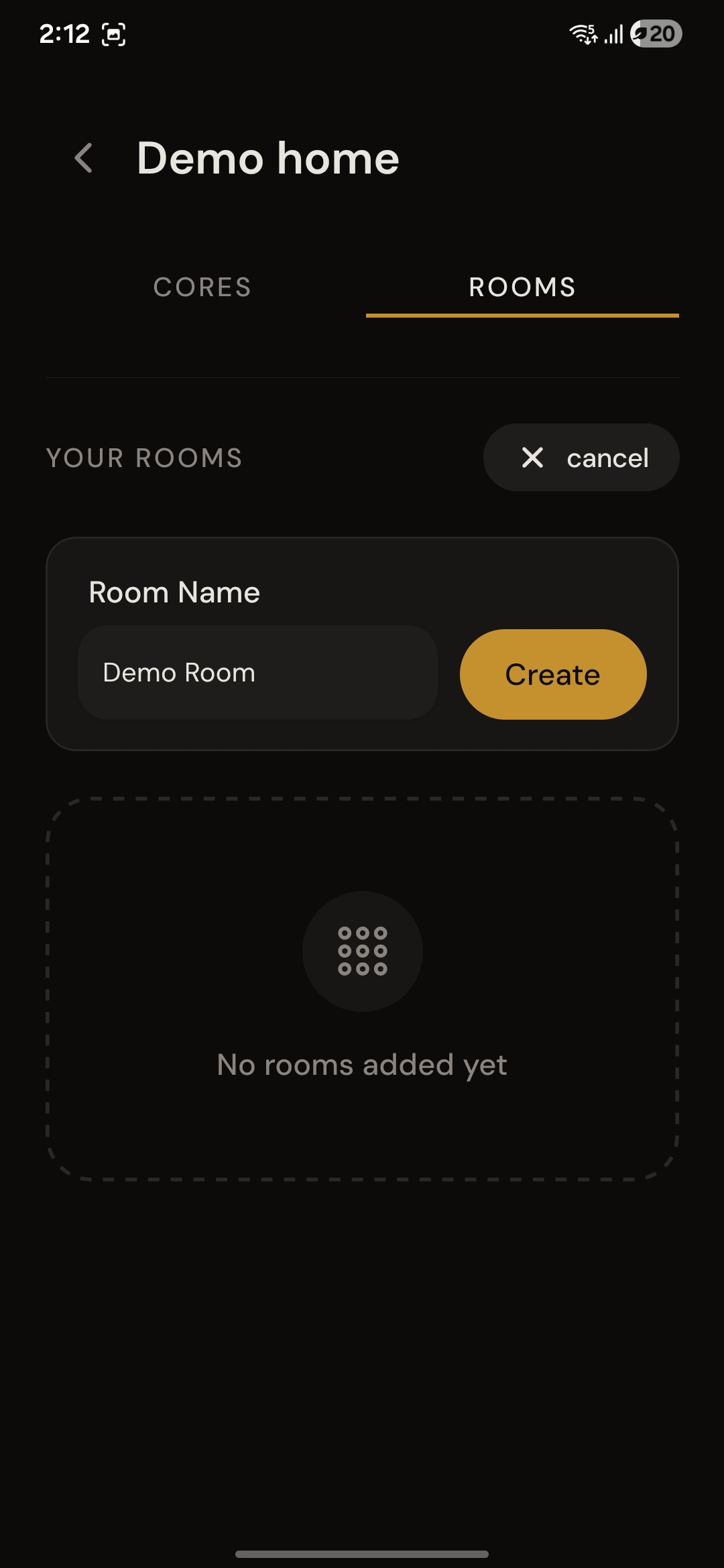 Create room form with a room name entered.