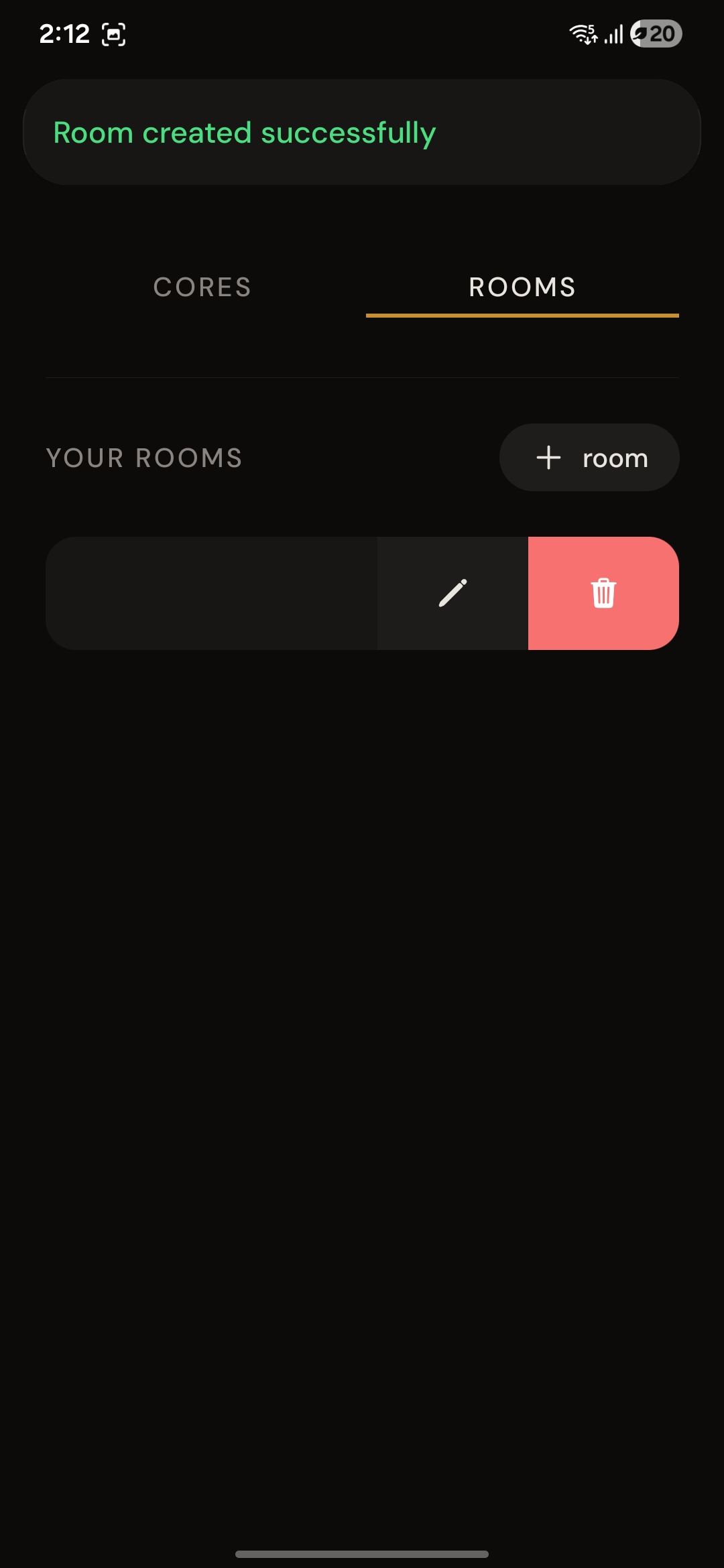 Rooms tab showing a room created successfully with edit and delete actions.