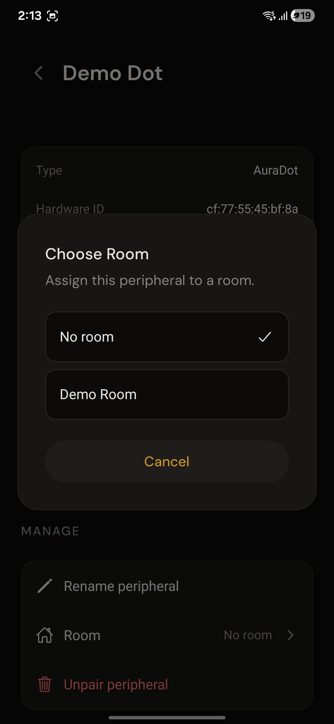 Choose Room dialog assigning a peripheral to a room.